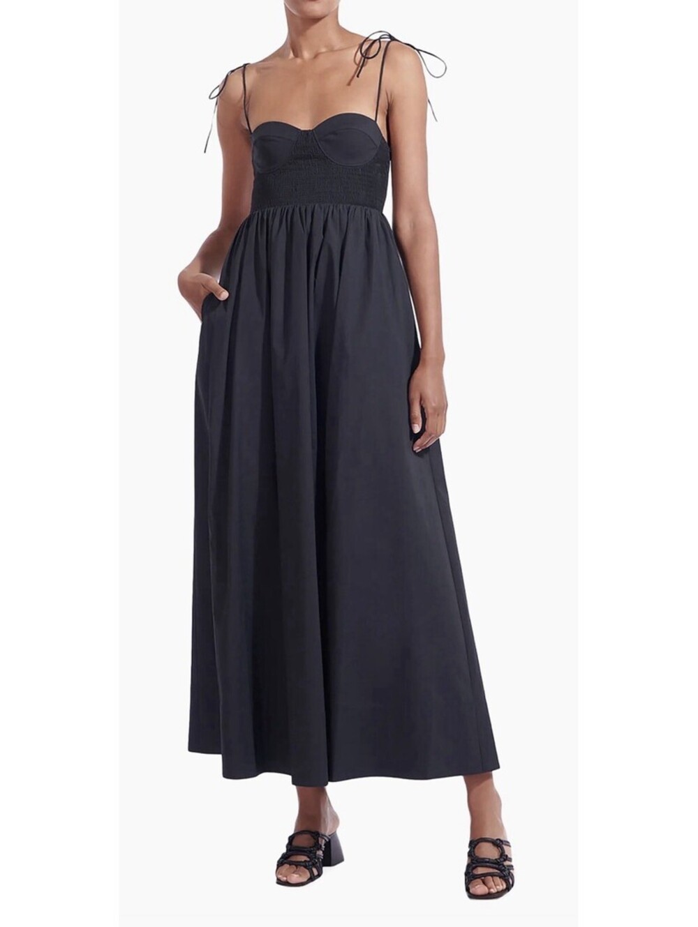 New Staud Landry Maxi Med Shoulder-Tie Smocked Bodice Dress In Black Sz M $350